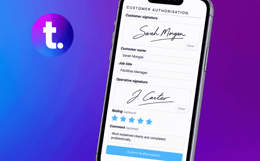 TeamPoint customer authorisation screen showing digital customer and operative signatures, customer name and job title, an optional five-star rating, comment field and submit authorisation button.