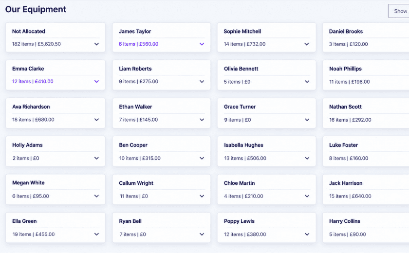TeamPoint equipment management screen showing equipment allocated to different team members.
