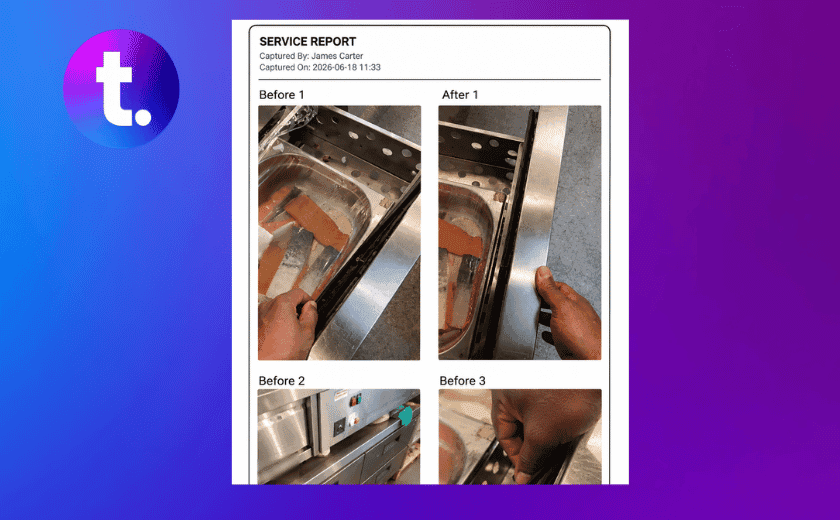 TeamPoint service report showing before-and-after job photos captured on site, with the operative name, capture time and photographic evidence recorded as part of the completed work.