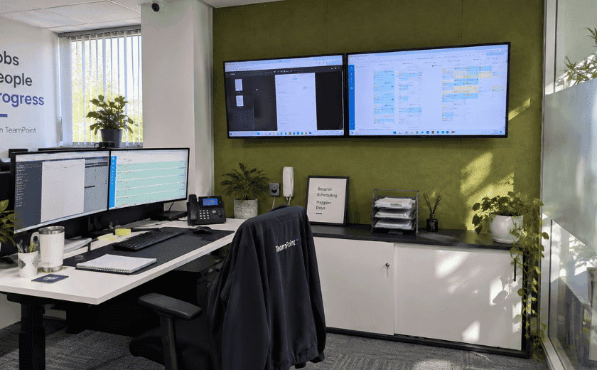 Customer office with TeamPoint scheduling displayed on wall-mounted screens, giving the wider team a live view of jobs and daily progress.