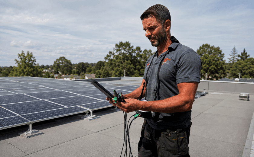 Solar engineer testing rooftop solar panels during a maintenance visit