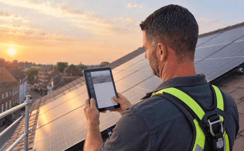 Solar engineer using a tablet on site to record job information and next actions, illustrating how operatives can flag further work, add notes and evidence, and create follow-up work such as surveys, tasks or quotations through TeamPoint.