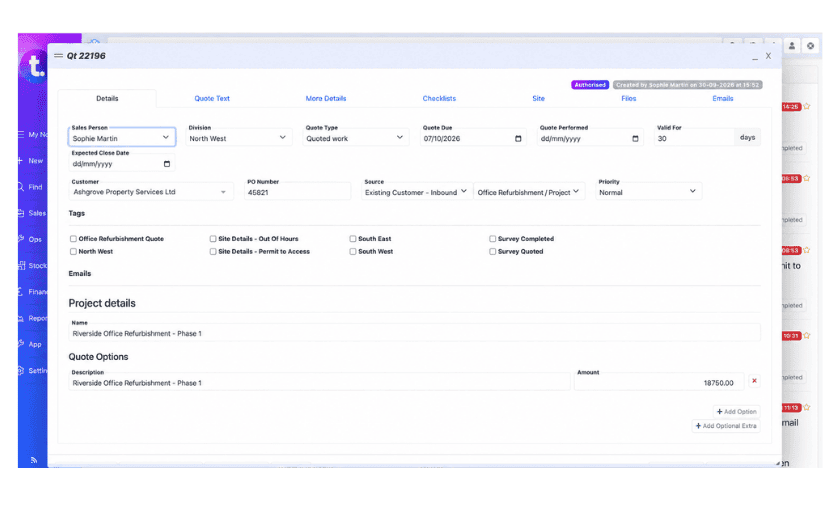TeamPoint project quotation showing customer details, project name, pricing options and agreed value, ready to create a project.