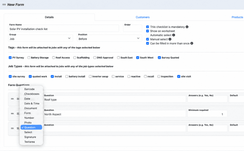 TeamPoint form builder showing configurable tags, job types and the range of question field options.