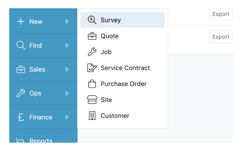 TeamPoint menu showing options to create a Survey, Quote, Job, Service Contract, Purchase Order, Site or Customer.