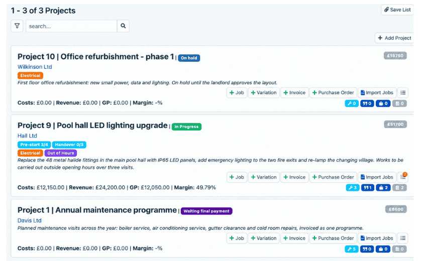 TeamPoint Projects dashboard showing project statuses, checklist progress, linked jobs and financial information in one overview.