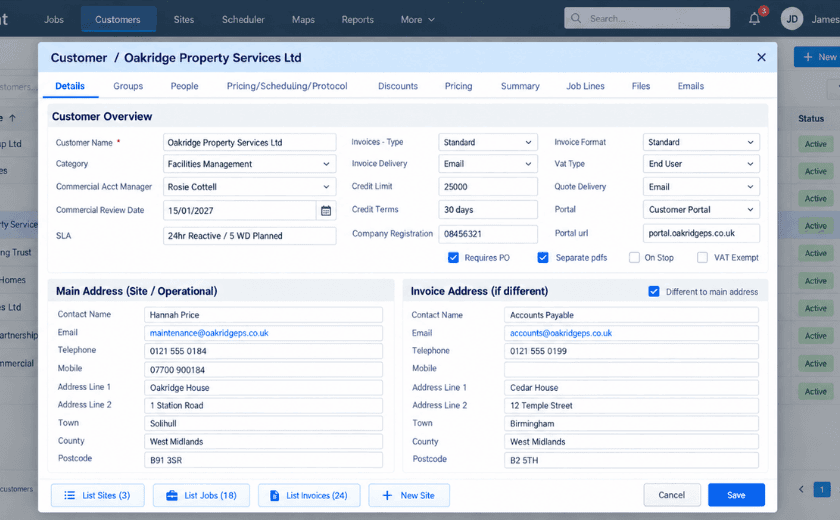 TeamPoint customer record showing customer details, account management, credit terms, PO requirements, site contact information and a separate invoice address.