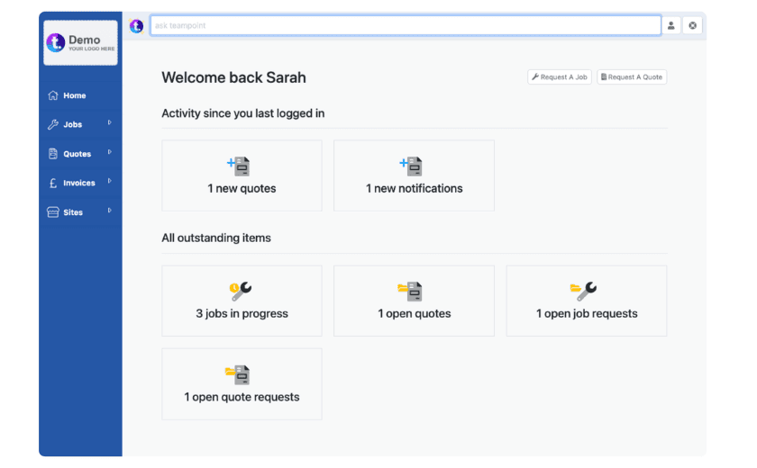 TeamPoint customer portal dashboard showing new quotes, notifications, jobs in progress and outstanding customer requests.