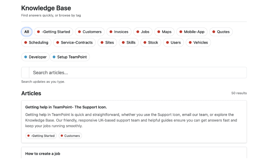 TeamPoint Knowledge Base showing searchable support articles and help topics