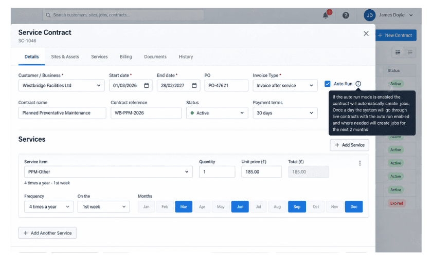 TeamPoint Service Contract screen showing Auto Run enabled for recurring PPM visits, with jobs set to generate automatically for scheduled service months.