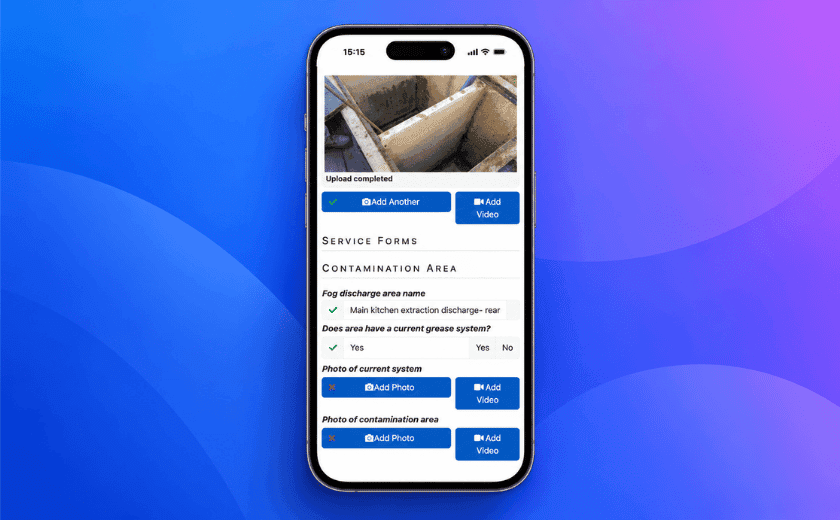 TeamPoint mobile app showing a digital site inspection form with photo evidence, completed checks and fields for recording compliance information.
