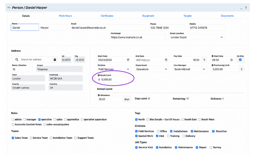 Example TeamPoint employee record with completed personnel details, roles, divisions and a highlighted quote limit field showing how quotation authorisation limits can be set per person.