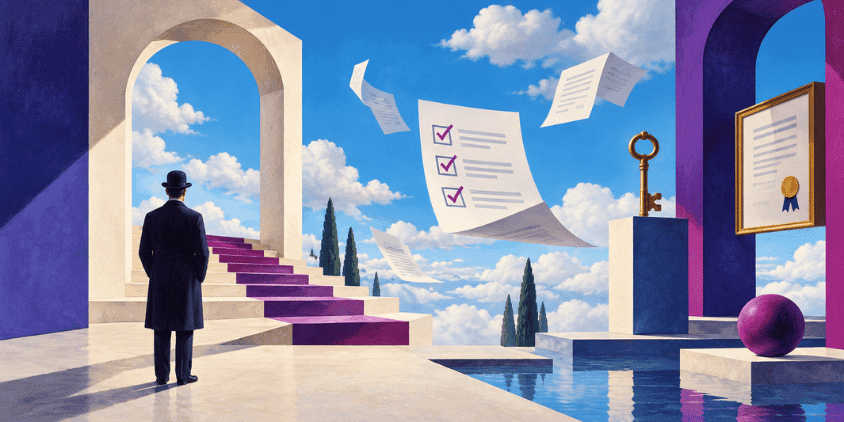 Illustration representing organised compliance, with checks, evidence and certification built into a clear working process.
