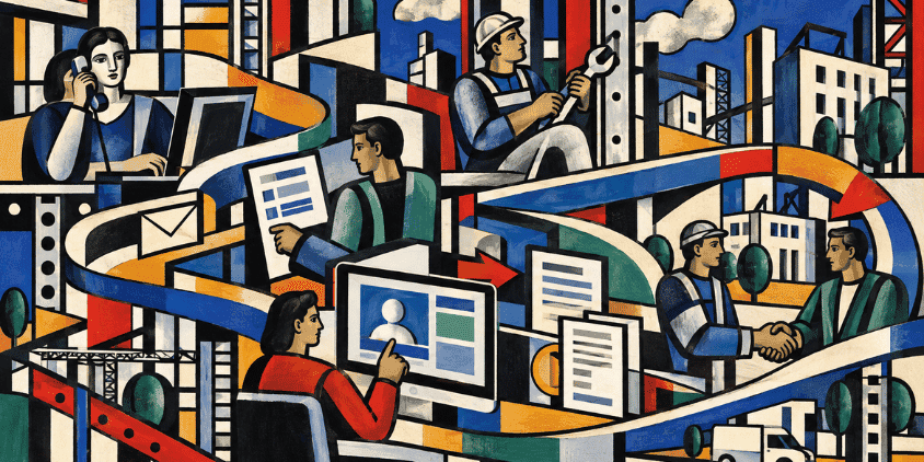 Stylised modernist illustration showing office staff, field operatives, customer communication, job records and ongoing service connected across a field service business.