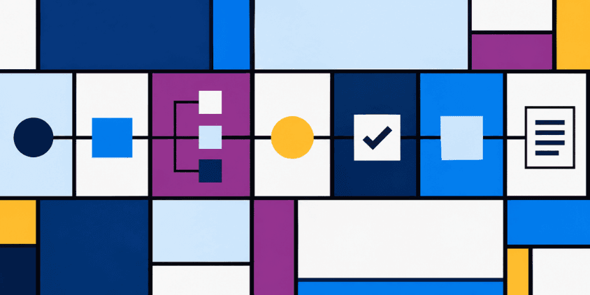 Abstract geometric illustration representing the TeamPoint quotation process, using blue, navy, purple and yellow brand colours.