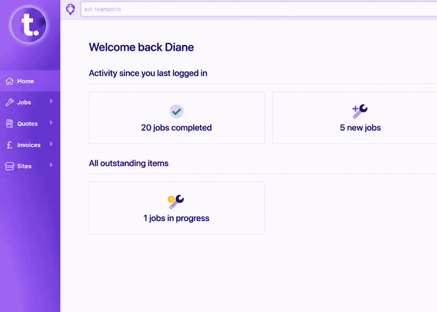 TeamPoint customer portal dashboard.