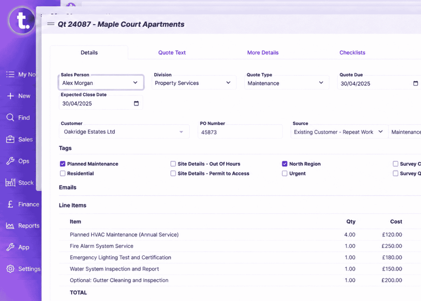 TeamPoint quote screen showing customer details, quote information and multiple priced line items.