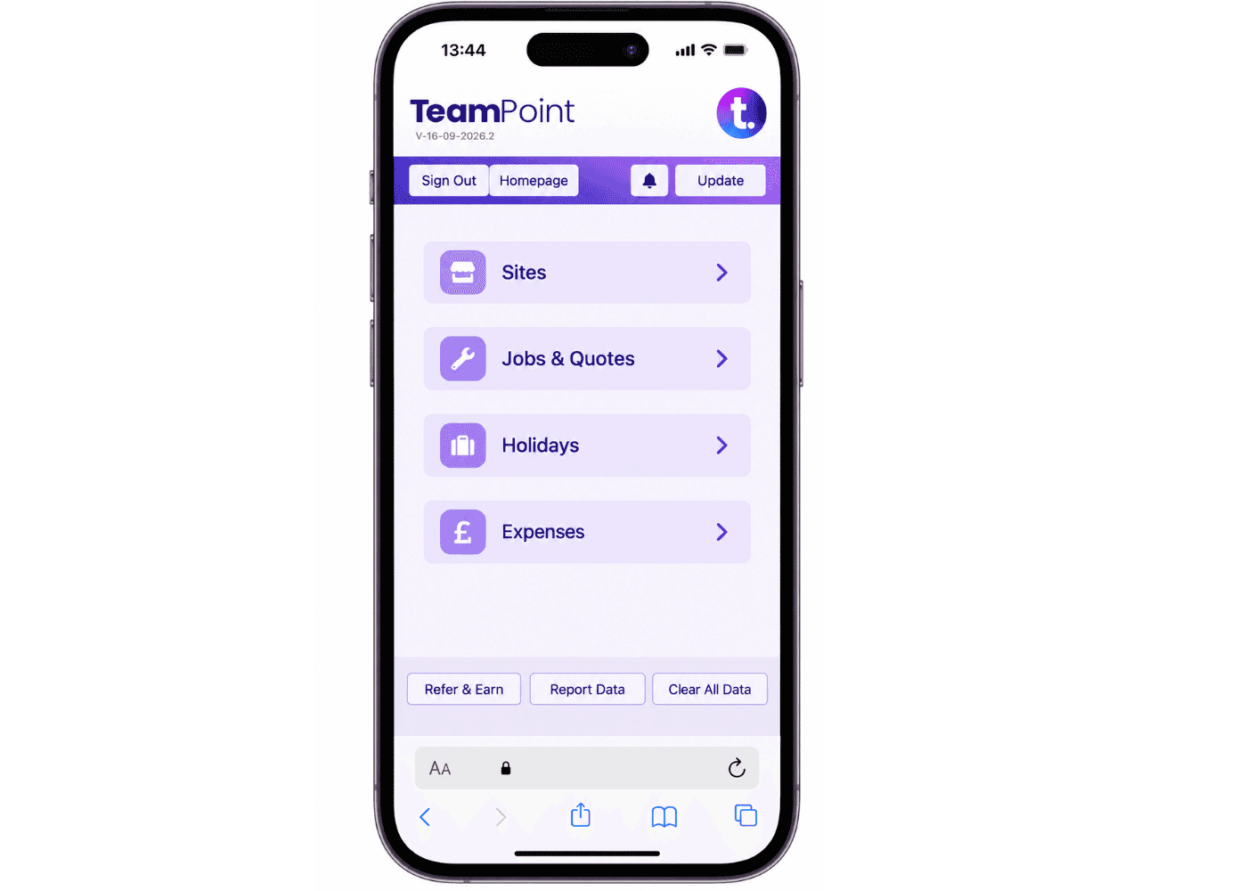 TeamPoint mobile app home screen.