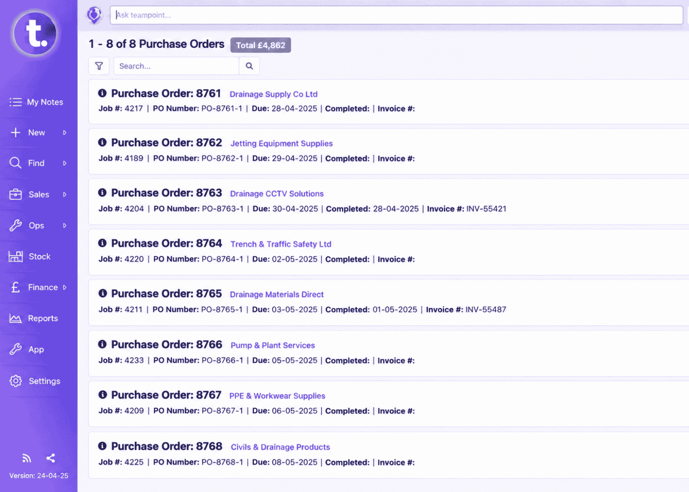 TeamPoint purchasing screen showing drainage-related purchase orders, suppliers, due dates and receipt status.
