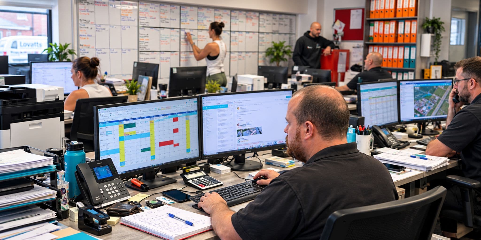 The busy R.L. Lovatt Roofing office, with staff managing roofing projects, scheduling and administration.