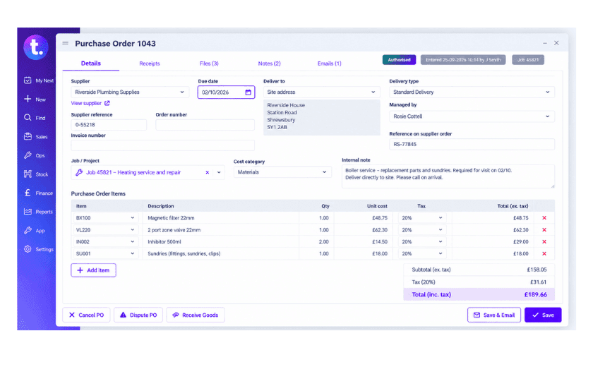 TeamPoint purchase order showing supplier details, job costs and ordered materials.
