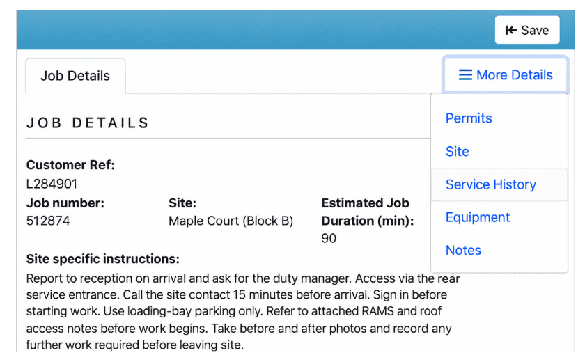 TeamPoint mobile job details screen showing customer reference, job number, site, estimated duration, site-specific instructions and the More Details menu.