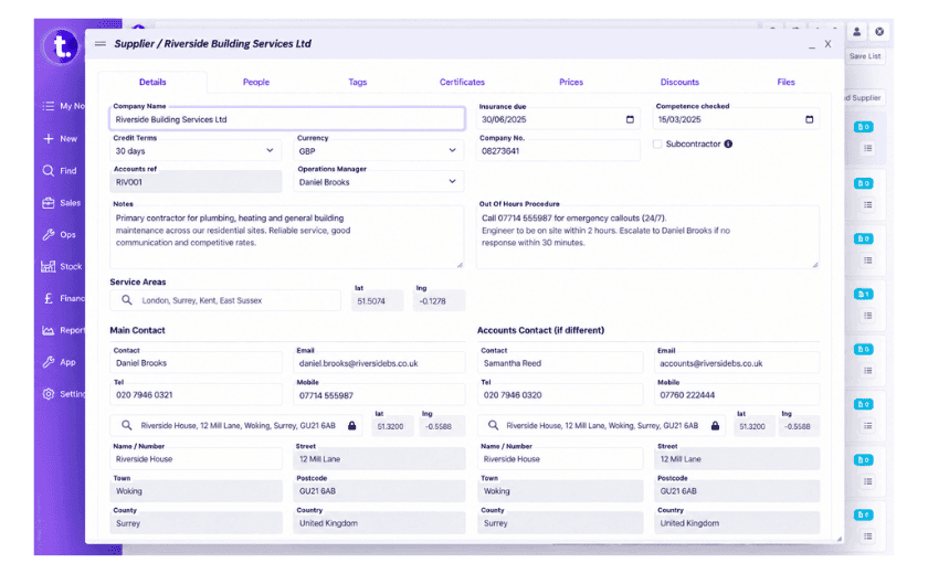 TeamPoint supplier record showing company details, contacts, service areas, credit terms and compliance information.