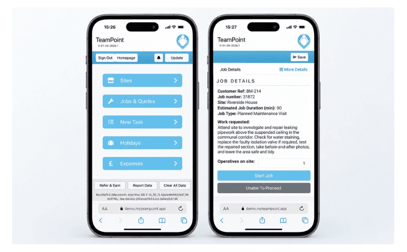 TeamPoint mobile app shown on two smartphones, with a mobile homepage and a building maintenance job screen, illustrating how engineers can access job information and manage work on site.