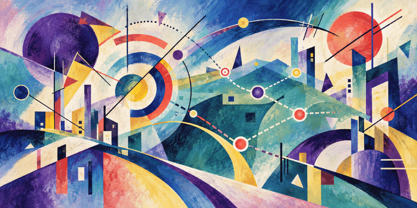 Abstract illustration representing TeamPoint mobile working, with connected routes, job updates and information flowing between operatives on site and the office.